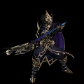 Game Movie Character In Ornate Armor Wielding Blue Spear With Purple Cloak