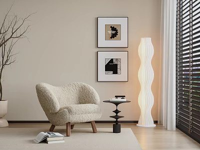 Plush Beige Lounge Chair With Wooden Legs And Round Side Table In Modern Living Room 3d model