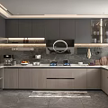 Modern Kitchen Interior With Gray Cabinets Island Countertop And Integrated Lighting