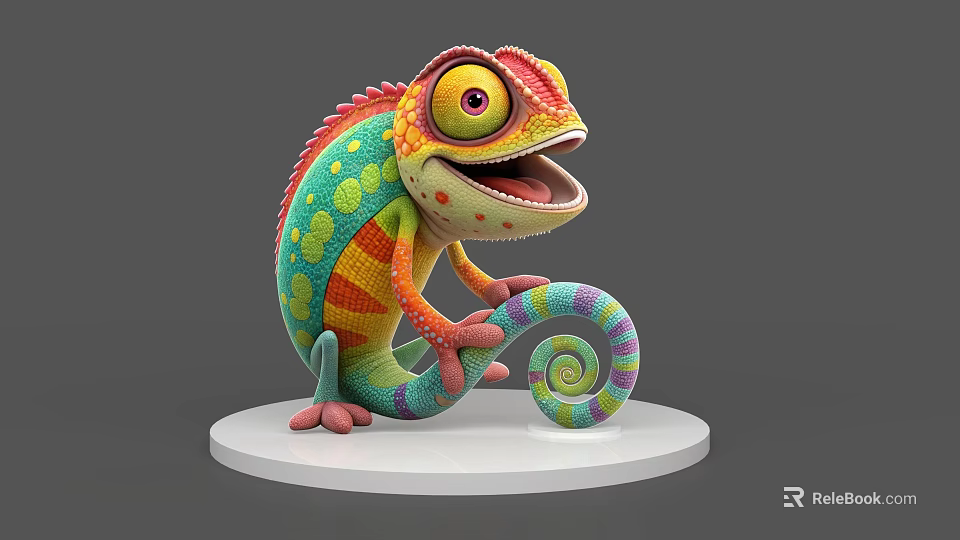 Colorful Reptile Chameleon with Large Eyes Open Mouth and Curled Spiral Tail on White Base 3d model 