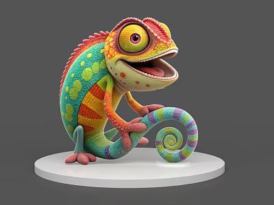 Colorful Reptile Chameleon with Large Eyes Open Mouth and Curled Spiral Tail on White Base 3d model