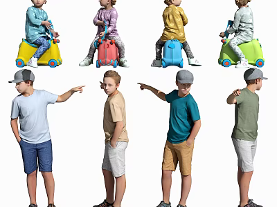 Group of Children Playing with Colorful Toy Cars and Pointing in Different Directions 3d model