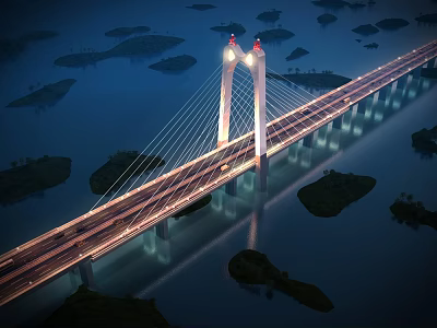 Aerial Planning View Of Illuminated Cable Stayed Bridge Over Water With Islands And Night Traffic 3d model
