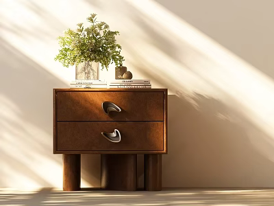 Wooden Bedside Table with Two Drawers Silver Handles Green Plant in Vase and Book 3d model