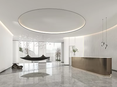 Modern Store Front Desk With Gold Countertop Round Ceiling Light And Decorative Plants 3d model