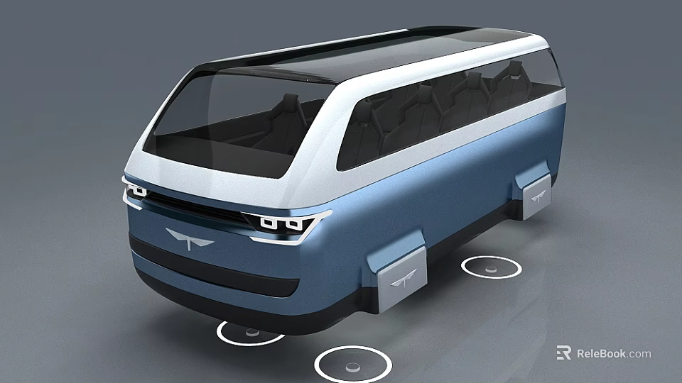 Future Blue And White Autonomous Bus With Large Windows And Modern Design 3d model