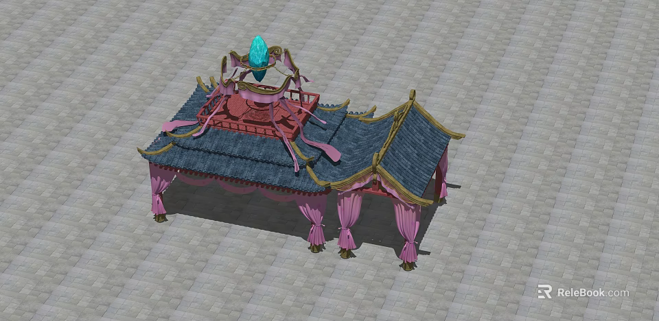 Traditional Ancient Chinese Architecture With Tiled Roof Blue Ornament And Pink Draperies 3d model 