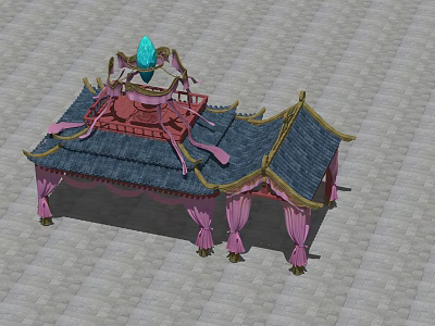 Traditional Ancient Chinese Architecture With Tiled Roof Blue Ornament And Pink Draperies 3d model