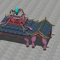 Traditional Ancient Chinese Architecture With Tiled Roof Blue Ornament And Pink Draperies