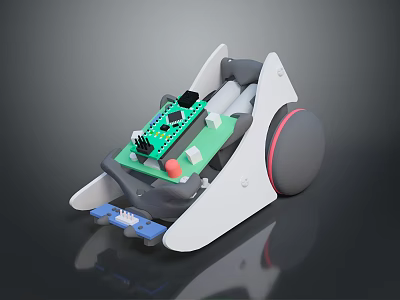 Robotic Device Featuring Green Circuit Board Gray Wheel Red Button and White Housing 3d model