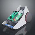 Robotic Device Featuring Green Circuit Board Gray Wheel Red Button and White Housing