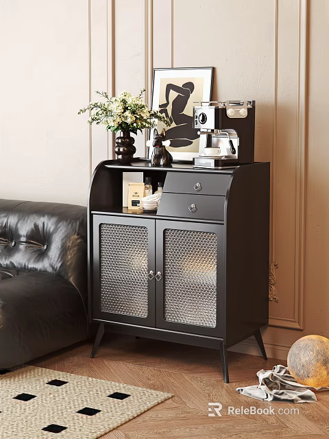 Black Living Room Sideboard with Mesh Doors Drawer and Coffee Machine Vase Decor 3d model 