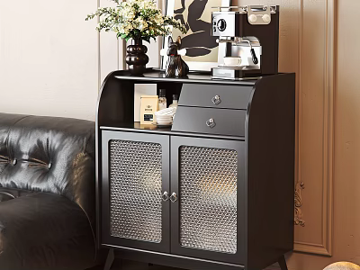 Black Living Room Sideboard with Mesh Doors Drawer and Coffee Machine Vase Decor 3d model