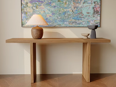 Wooden Console Table with Table Lamp Sculpture and Colorful Abstract Painting in Modern Interior 3d model