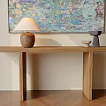 Wooden Console Table with Table Lamp Sculpture and Colorful Abstract Painting in Modern Interior