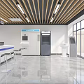 Modern Service Hall Interior With Integrated Service Windows Blue Seats And Self Service Kiosk