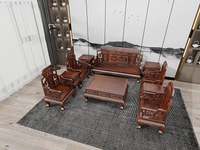 Chinese Style Mahogany Sofa and Coffee Table Set With Carved Design and Landscape Painting Backdrop 3d model