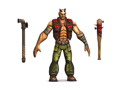 Horned Warrior Character With Beast Features Standing In Green Pants And Battle Axe 3d model