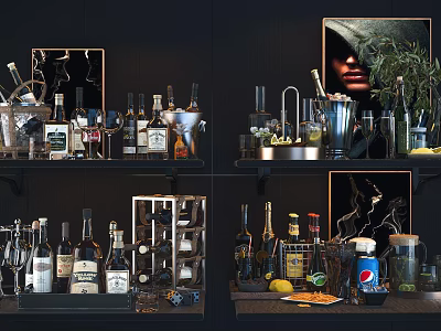 Stylish Bar Area With Wine Bottles Glassware Shelves And Fresh Lemon Garnish 3d model