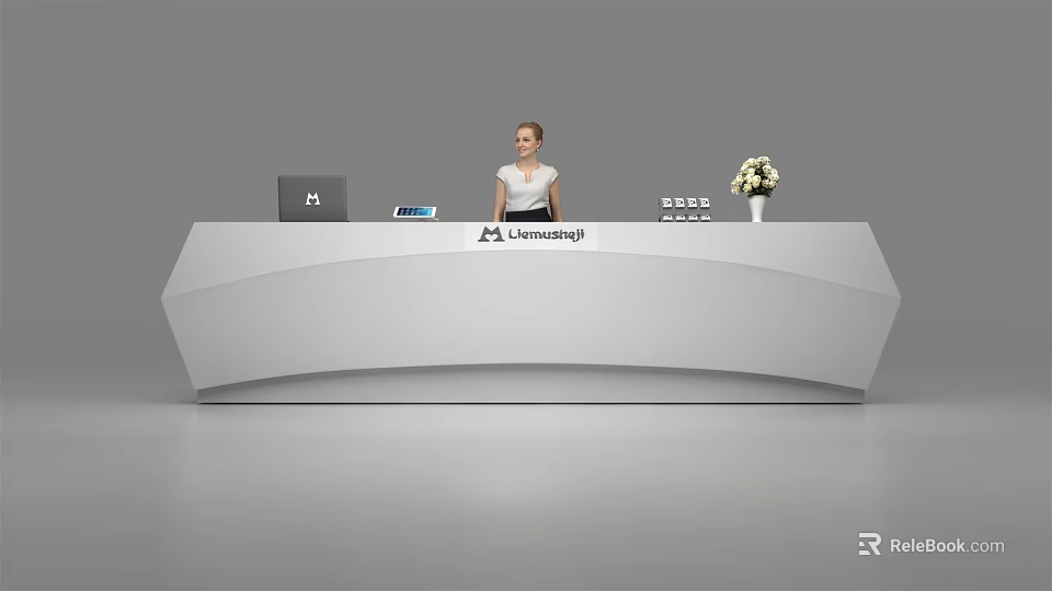 Modern Sleek Reception Desk With Receptionist Laptop Flower Vase And Company Logo 3d model 