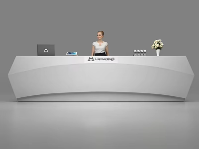 Modern Sleek Reception Desk With Receptionist Laptop Flower Vase And Company Logo 3d model