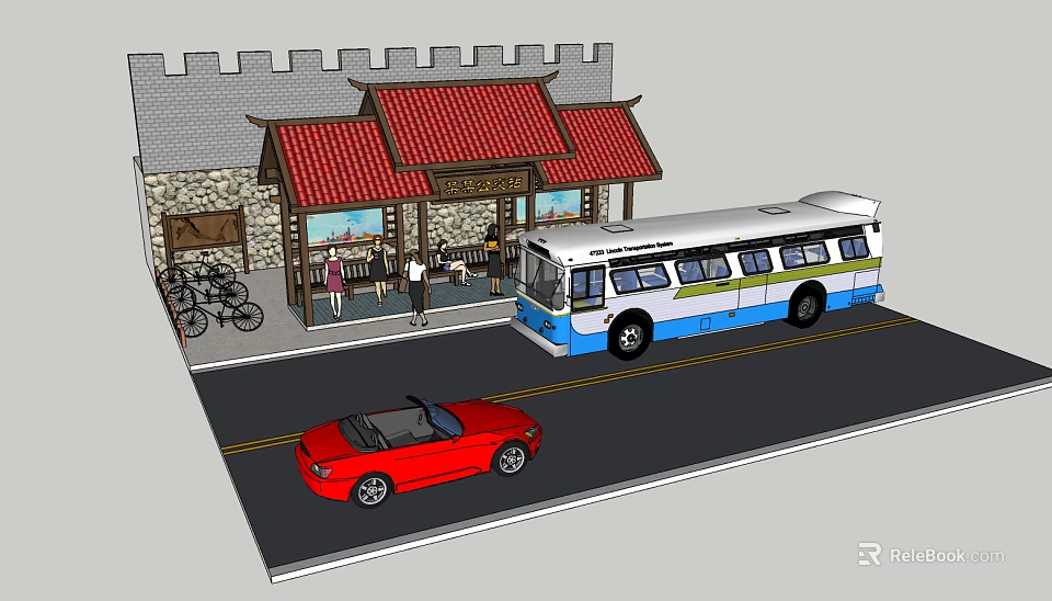 Chinese Style Bus Station With Red Roof Bus Red Car And Bicycles Nearby 3d model 