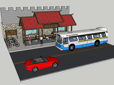 Chinese Style Bus Station With Red Roof Bus Red Car And Bicycles Nearby 3d model
