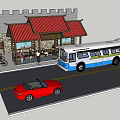 Chinese Style Bus Station With Red Roof Bus Red Car And Bicycles Nearby