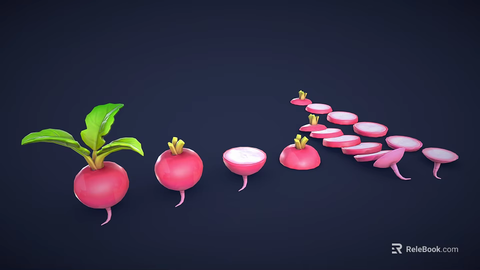 Fresh Red Radish Vegetable Display With Whole Halved And Sliced Pieces On Dark Background 3d model 