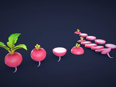 Fresh Red Radish Vegetable Display With Whole Halved And Sliced Pieces On Dark Background 3d model