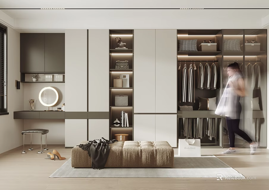 Modern Walk In Closet Design With White Dark Cabinets Hanging Clothes Storage Shelves And Bench 3d model 