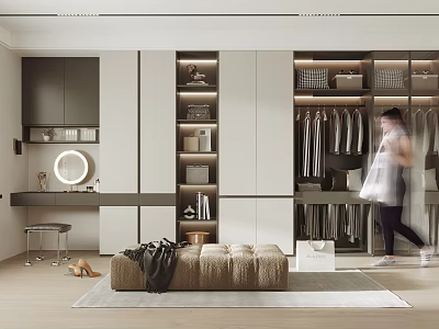 Modern Walk In Closet Design With White Dark Cabinets Hanging Clothes Storage Shelves And Bench 3d model