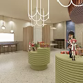 Modern Dessert Shop Interior with Glass Display Cases Fresh Pastries Wooden Curved Ceiling Hanging Lights