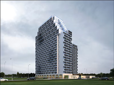 Modern High Rise Hotel Building With Glass Facade And Green Landscape 3d model