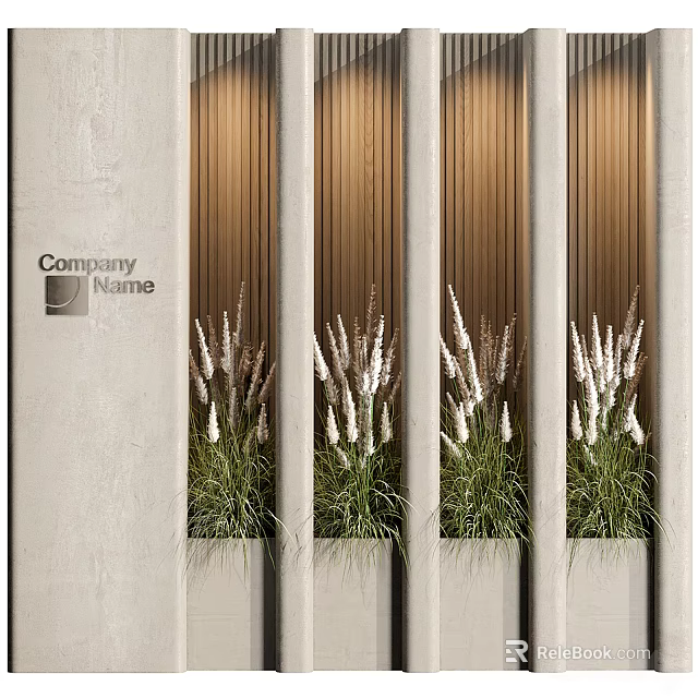 Modern Interior Green Plant Wall With Wooden Slats Gray Wall And White Flowering Spikes 3d model 
