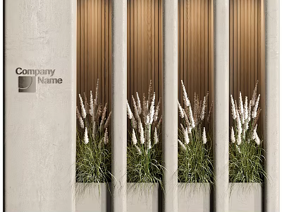 Modern Interior Green Plant Wall With Wooden Slats Gray Wall And White Flowering Spikes 3d model