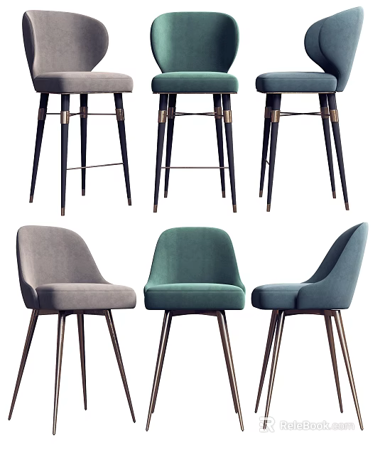 Modern Design Bar Stools With Gray Green Blue Velvet Upholstery And Metal Legs 3d model 