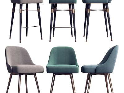 Modern Design Bar Stools With Gray Green Blue Velvet Upholstery And Metal Legs 3d model