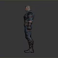 Detailed Game Movie Character With Blue Black Armor Standing Sci Fi Warrior Pose