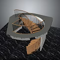 Modern Spiral Staircase With Wooden Steps And Black Railings On Dark Floor