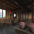 Traditional Chinese Restaurant Interior Featuring Bamboo Tables Chairs Red Lanterns Round Mirrors And Clay Pots