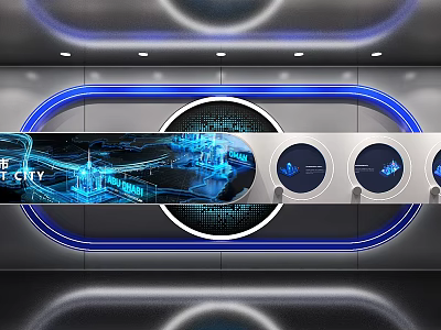 Future Smart City Technology Scene With Blue Glowing Digital Interface And Circular Screens 3d model