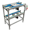 Industrial Conveyor System With Metal Frame Blue Green Belts And Control Panel