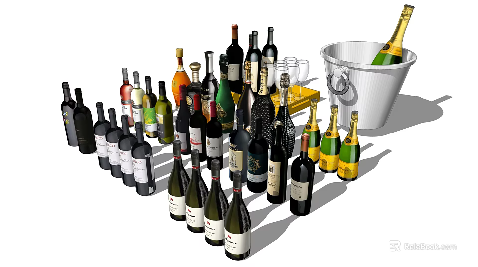 Collection Of Wine Bottles And Glasses With Ice Bucket And Champagne 3d model 