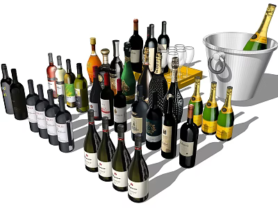 Collection Of Wine Bottles And Glasses With Ice Bucket And Champagne 3d model