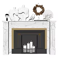 White Marble Fireplace With Gold Accents Candles And Mantel Decor Sculptures Bird Figurines Wreath