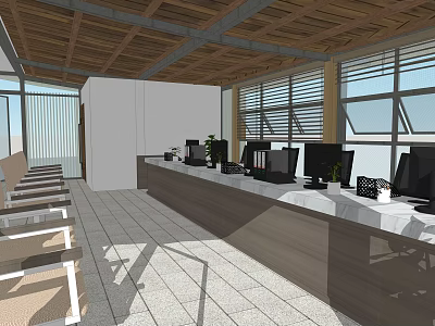 Modern Hotel Guest Room Interior With Wooden Ceiling And Large Windows 3d model