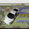 New Energy Vehicle White Sports Car Display at Gift Area with Decorative Flowers