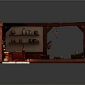 Cartoon Scene of Cozy Wooden Interior with Shelves Jars Mats Window Light and Green Plants
