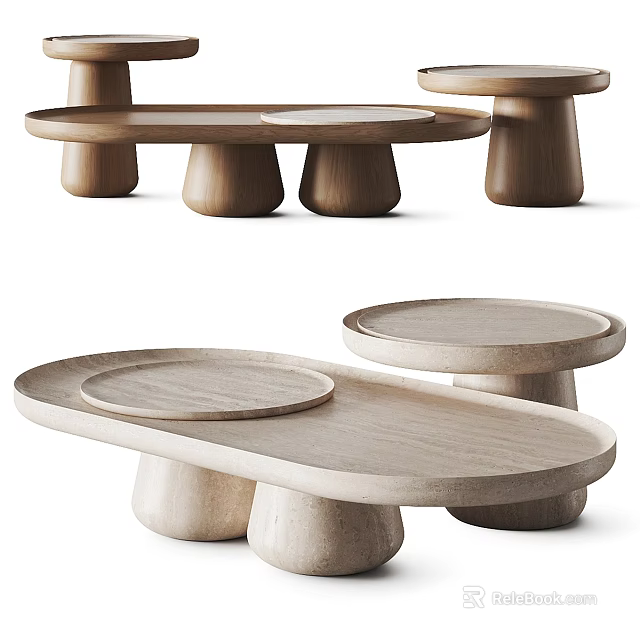 Minimalist Wooden Coffee Tables With Oval Round Tabletops And Cylindrical Legs 3d model 
